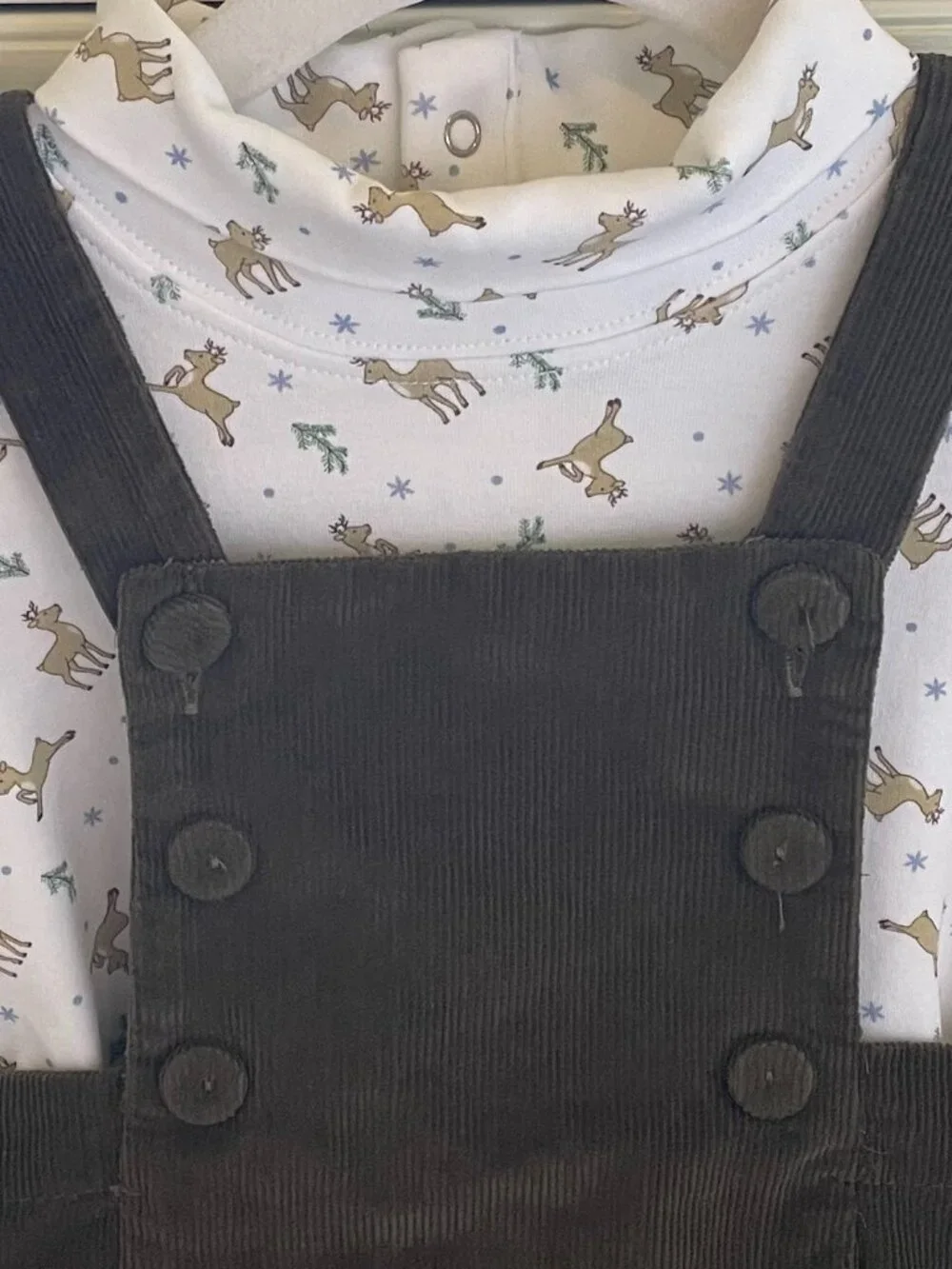 Bella Bliss Olive Corduroy Jumper with Reindeer Turtleneck Onesie Size 18/24M